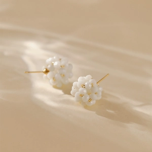 French style 18K gold plated woven ball stud earrings with white multifaceted beads