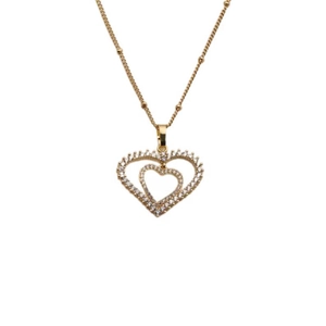 Double layered heart pendant necklace in gold finish with sparkling cubic zirconia stones