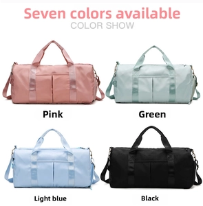 Four-grid color show of nylon sports bags in pink, mint green, light blue, and black