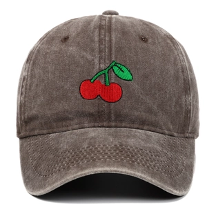Vintage washed dark grey cotton baseball cap with red cherry embroidery for outdoors