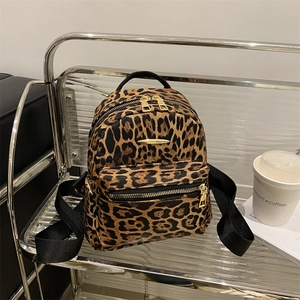 Fashionable leopard print oxford mini backpack with gold zippers for women's travel