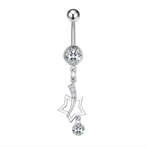 Silver belly button ring featuring shiny zircon stones and a hollow star dangle pendant