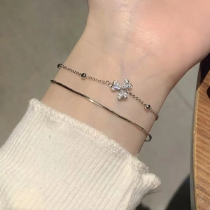 Zircon Flower Clover Bracelet 18K Gold Plated Copper Adjustable Double Layer Chain Light Luxury Jewelry For Women Daily