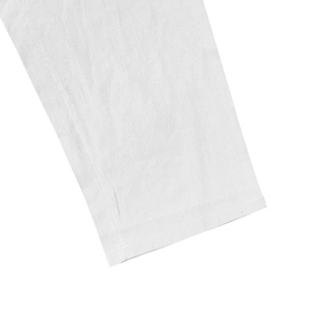Detailed close-up showing the precise double-stitching and texture of white linen fabric