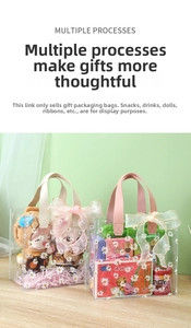 Detailed view of clear PVC daisy gift bag with leather handles and decorative bows
