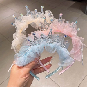 Sparkling rhinestone crown headband with mesh and pearl tassels for girls