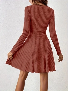 Detail shot of brick red knitted dress showing fine ribbed texture and back fit