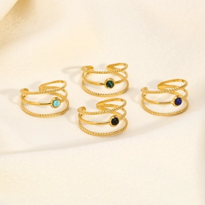 Close-up of three-layer openwork stainless steel rings with colorful gemstones
