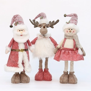 Plush Christmas dolls set with Santa, reindeer and snowman in pink and red festive tones