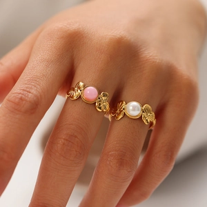 18K gold plated flower ring with natural pink stone and pearl for women