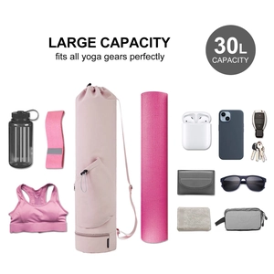 Large capacity yoga mat bag with 30L storage, multiple pockets for gear, pink fitness backpack.