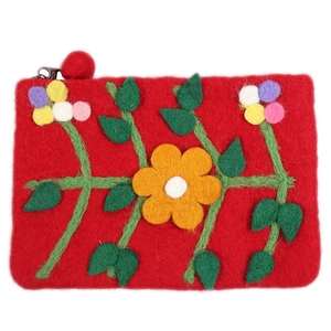 Handmade red wool felt coin purse with colorful floral patterns and a zipper closure