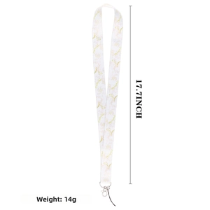 Detail showing marble pattern lanyard with silver metal clasp and 17.7 inch length