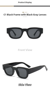Vue détaillée des lunettes de soleil carrées rétro avec monture noire et verres gris