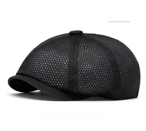 Close-up of black breathable mesh fabric and detailed texture on summer beret cap