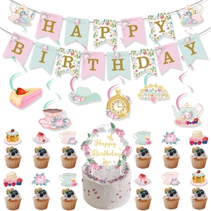Vintage floral tea party birthday decoration set with banner and cupcake toppers
