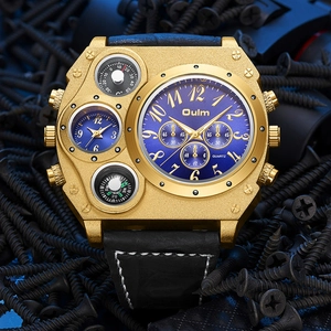 Oulm men's dual-time quartz watch with large gold case, blue dial and black leather strap