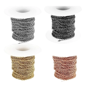 Four spools of stainless steel chains in silver, black, gold, and rose gold finishes