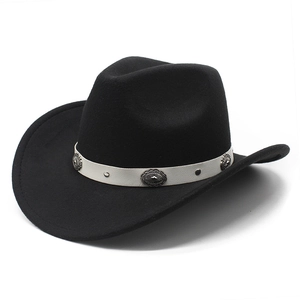 Close-up of black felt cowboy hat with white leather band and vintage metal studs