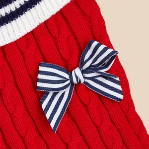 Detailed macro view of red cable knit dog sweater with a striped bow tie and trim