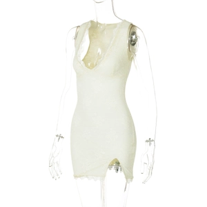 Detail view of white lace mini dress with deep V-neck and stylish side slit design