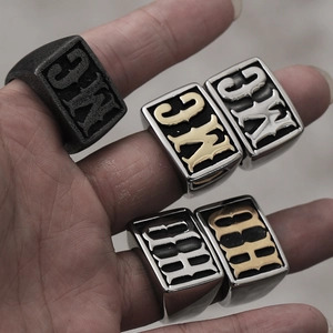 Gothic style stainless steel rings for men featuring GN and BH engraved letters in silver and gold