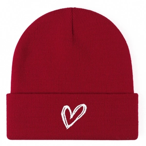 Winter unisex knitted beanie in burgundy with a minimalist white heart embroidery pattern
