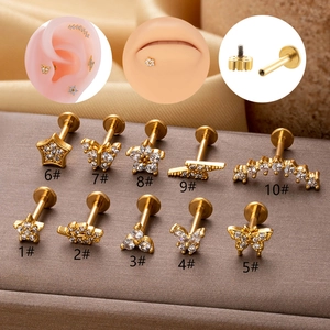 Stainless Steel Internal Thread Labret Studs Zircon Inlaid Copper Flower Butterfly Star Ear Cartilage Piercing Jewelry