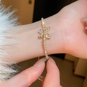 Detail of zircon butterfly bracelet with gold-plated chain shown on the wrist