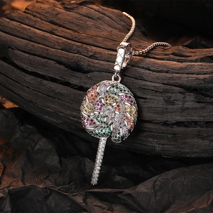 Rainbow lollipop pendant necklace with colorful zircon pavé on a silver bead chain