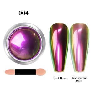 Macro view of purple chameleon chrome nail powder 004 with sponge applicator on white base