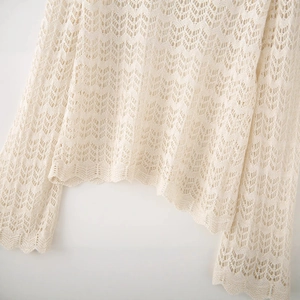 French style cream hollow knit sweater with long sleeves and wavy scalloped edges