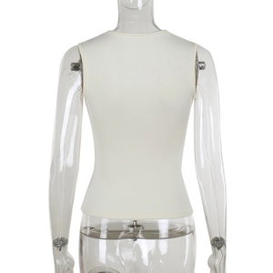 Rear view of cream-white ribbed knit tank top with lace trim on a transparent mannequin