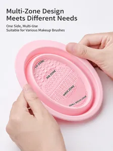 Pink silicone makeup brush cleaning bowl with four functional textures for various brush types