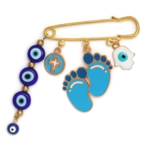 Golden safety pin brooch with blue evil eye beads and Hamsa hand charm for clothing decoration