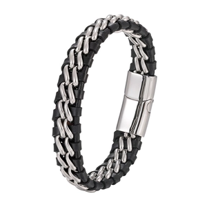 Braided Genuine Leather Bracelet Men Stainless Steel Chain Magnetic Clasp Retro Punk Minimalist Geometric Wristband