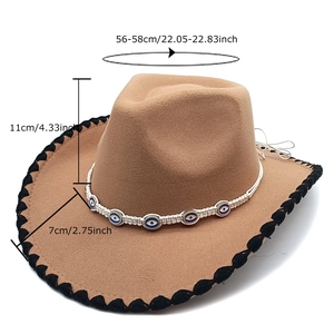 Camel felt western cowboy hat with evil eye beads and black stitched brim detail