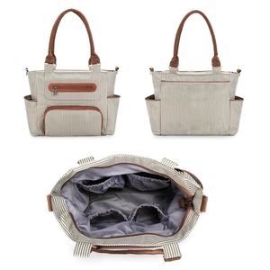 Detail view of large capacity 7-piece striped diaper bag with multiple organizer pockets
