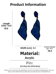 Detailed size specifications for blue acrylic drop earrings with 925 silver needles
