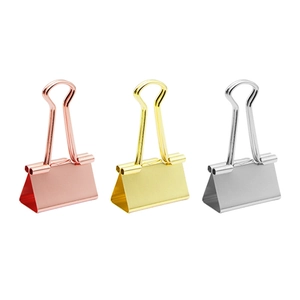 Three premium metal binder clips in rose gold, gold, and silver on white background