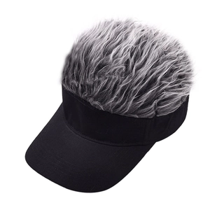 Detailed close-up of a black baseball cap featuring creative grey synthetic hair wig on top