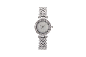 Macro shot of silver quartz watch with crystal embellishments and mother-of-pearl dial