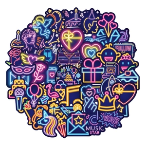 Close-up of vibrant neon style graffiti stickers for laptops and skateboards