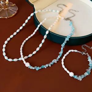 Aquamarine Shell Bead Jewelry Set French Light Luxury Elegant Necklace And Bracelet For Women Fashion Vacation Style