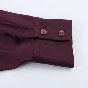 Women's satin textured burgundy balloon shirt with elegant buttoned cuffs detail