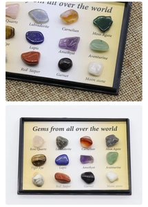 Detailed set of 12 polished natural mineral specimens labeled in a display tray