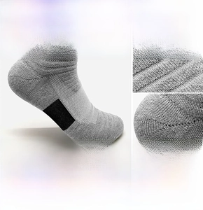 Close-up of reinforced heel and 3D knitting on professional gray athletic crew socks