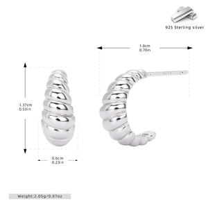 Macro view of S925 sterling silver croissant earrings with dimensions and S925 hallmark