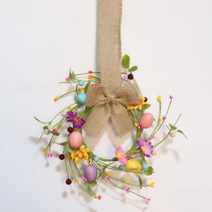 Easter Wreath With Colorful Eggs Berries Satin Daisy Burlap Bow Spring Home Decoration Wall Hanging Garland