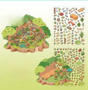 Detail view of Forest Tree House DIY scenery sticker set with card and PET materials